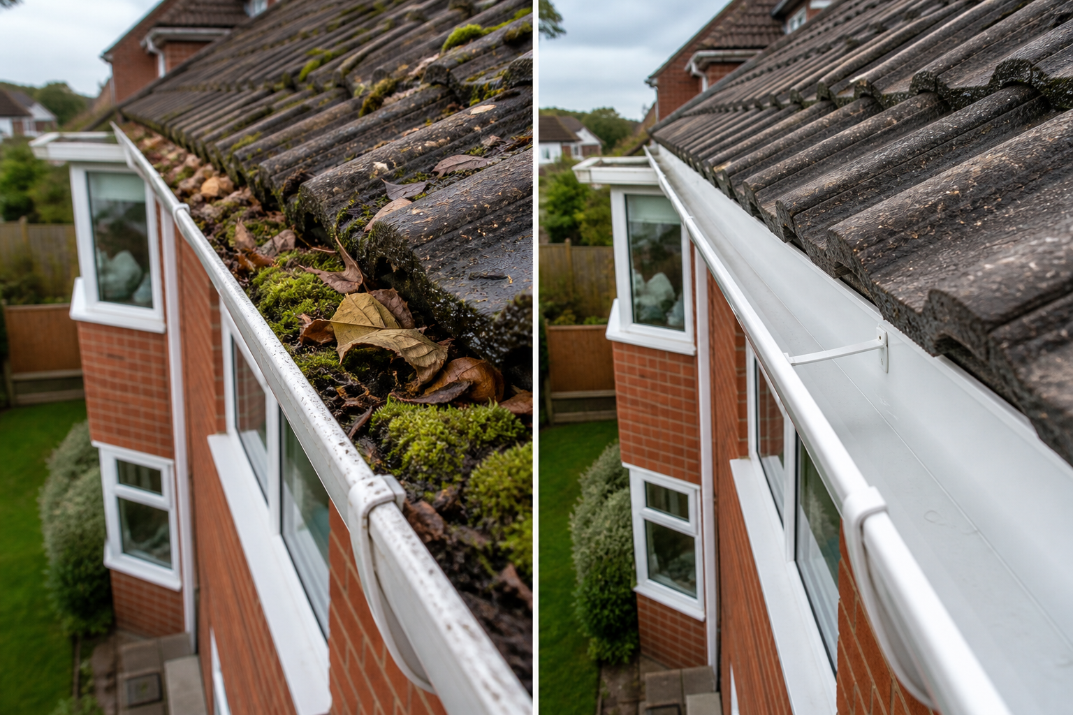Before and after blocked house gutter cleared of moss and leaves