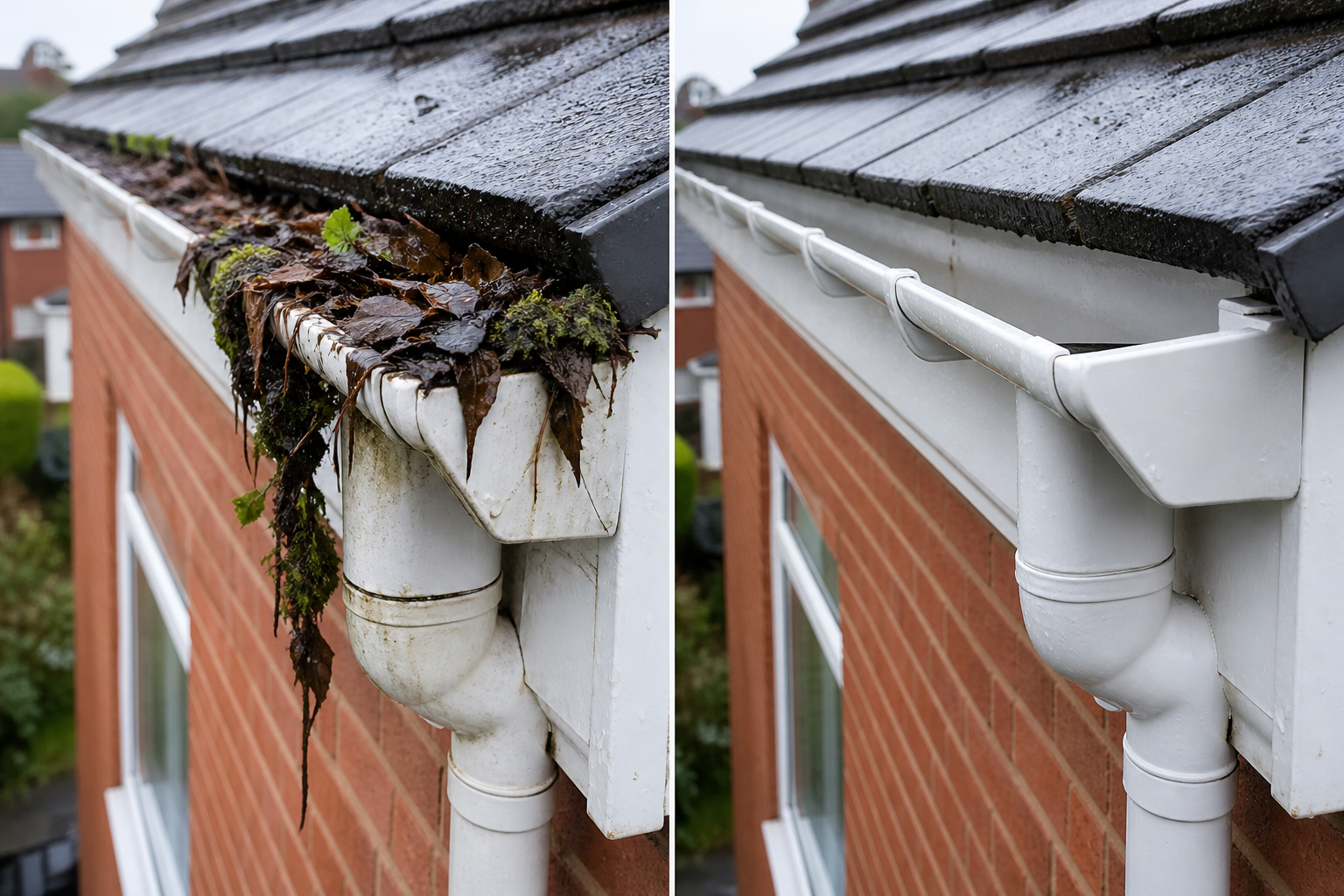 Before and after gutter outlet cleared on a West Midlands house