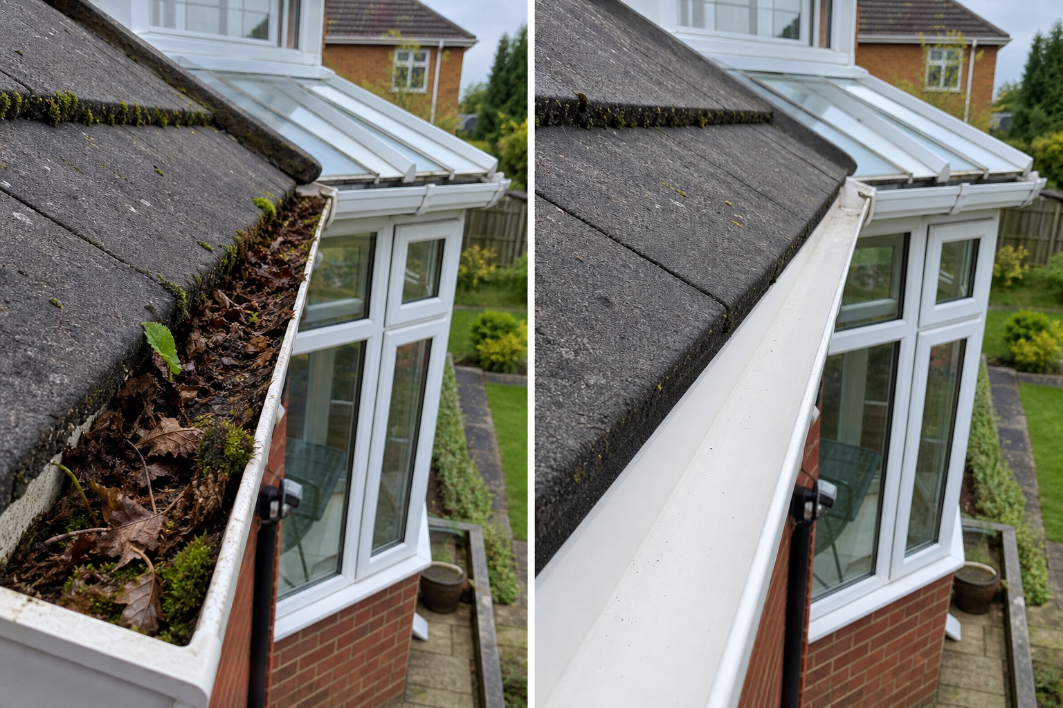Before and after extension gutter cleared near a conservatory